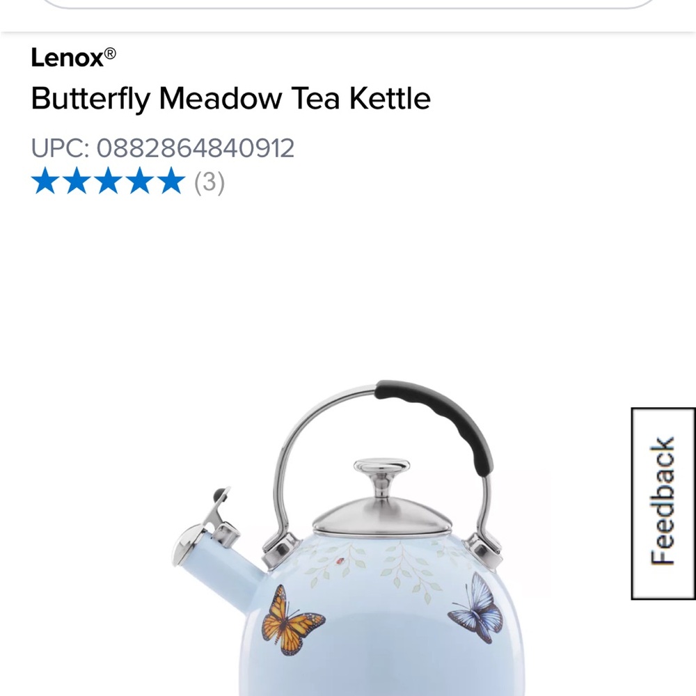 Lenox White Tea Kettle with Butterfly and Leaf Design - Picture 5 of 6